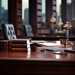 Law and Justice concept. Close up of wooden table with legal documents, books, lamp and glasses