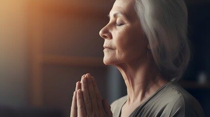 An middle-aged woman with her eyes closed, hands clasped in devout prayer. Meditating. Engaged in a process of self-healing. - obrazy, fototapety, plakaty