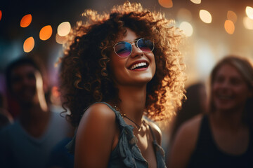 Happy laughing hipster african american woman in sunglasses having fun at music festival dancing in crowd of people outdoors. Enjoyable African hippie woman at a party, lifestyle