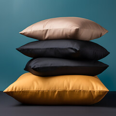 Stack of pillows on a blue background. 3d rendering.