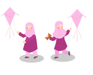 Cute Hijab Girl Playing a Kite Illustration