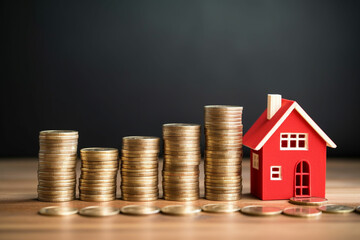 a house and stacks of coins on a table