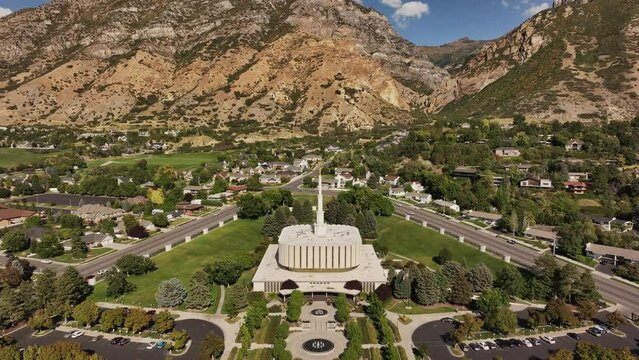 Aerial Provo Utah LDS temple mountain circle 2. Temple of The Church of Jesus Christ of Latter-day Saints, LDS or Mormon religion. Christian religious groups. Sacred for eternal worship.
