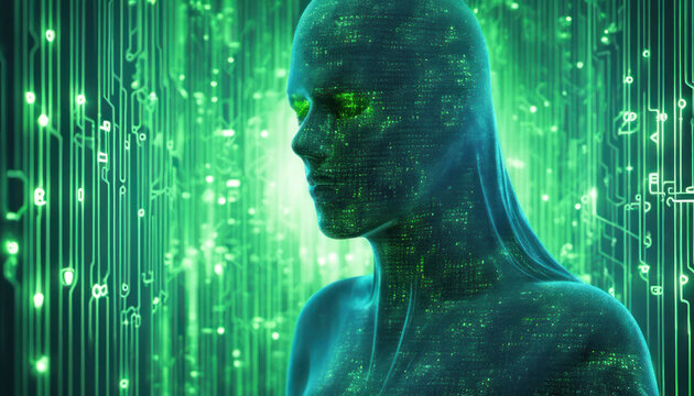 Abstract green digital avatar or metaverse code person with copy space