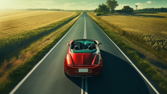 Coche descapotable cl&aacute;sico de color rojo en una carretera solitaria atravesando un prado