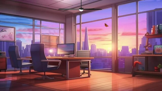 Office interior cartoon or anime watercolor painting illustration style animation video