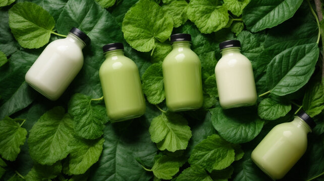 top view, mockup of detox juice bottles on a natural green background with plants, high quality image