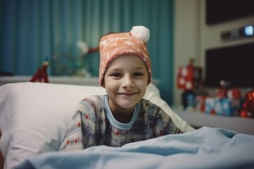 Boy with cancer in the hospital in Christmas - 650976534