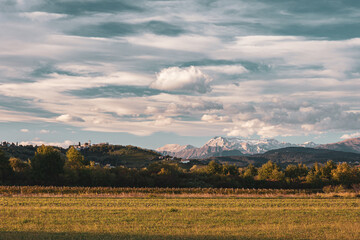 Colorful sunset in the vineyards at the border between Italy and Slovenia