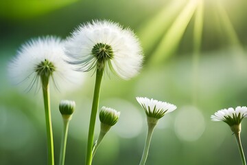 White fluffy dandelions, natural green blurred spr