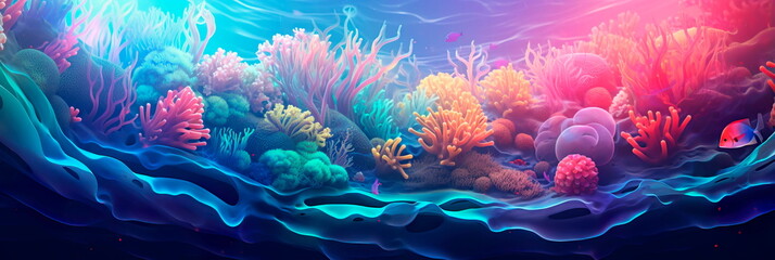 Fototapeta na wymiar abstract underwater world with dynamic patterns resembling coral reefs and marine life, bathed in vibrant, iridescent colors.