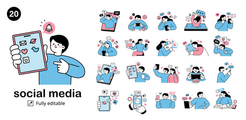 Smartphones and social media. Mega set of people using social networks.
