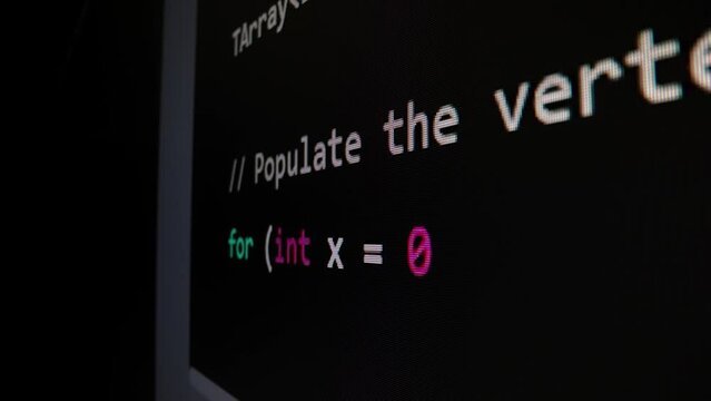 Closeup macro shot movement of coding script moving across LED screen with real-time AI-generated typing, showcasing advanced AI learning in optimization, debug and coding for software development.