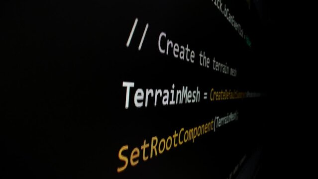 Closeup macro shot movement of coding script moving across LED screen with real-time AI-generated typing, showcasing advanced AI learning in optimization, debug and coding for software development.