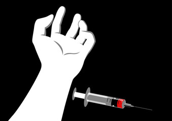 Illustration depicting a limp hand on the floor beside a syringe, awareness about the harsh realities of drug addiction, substance abuse, drug overdose, and the importance of seeking help