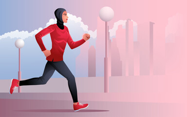 Illustration of an active muslim woman in a hijab, jogging and running outdoors against the backdrop of a cityscape, fitness and healthy lifestyle concept