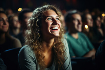 Joyful Audience Diverse Crowd Delighting in a Theater or Cinema Show, Laughter and Fun. created with Generative AI