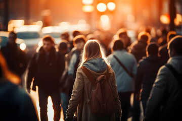 Back view of crowd of people walking in sunset against golden light in downtown district in city