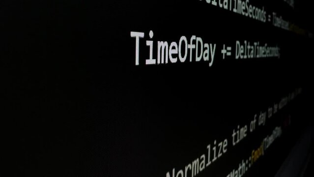 Closeup macro shot movement of coding script moving across LED screen with real-time AI-generated typing, showcasing advanced AI learning in optimization, debug and coding for software development.
