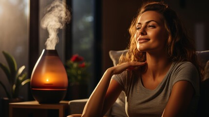 A beautiful young woman relaxes on a coach while aromatherapy oils sweeten the air in a home living room. - obrazy, fototapety, plakaty