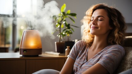 A beautiful young woman relaxes on a coach while aromatherapy oils sweeten the air in a home living room. - obrazy, fototapety, plakaty