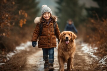Happy family takes golden retriever dog for a walk in outdoor winter forest. Active Christmas holiday