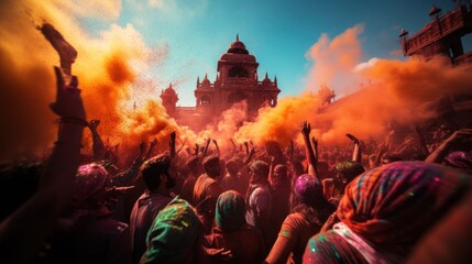 Holi (India): Holi is a festival of colors where people joyfully throw colored powder and water at each other. To celebrate the arrival of spring - obrazy, fototapety, plakaty