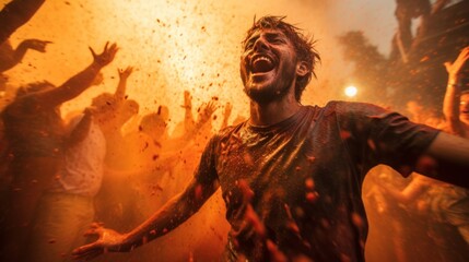 La Tomatina (Spain): A unique festival in Buñol, Spain that features a huge battle over tomatoes. Participants threw tomatoes at each other. It makes work fun and busy. - obrazy, fototapety, plakaty