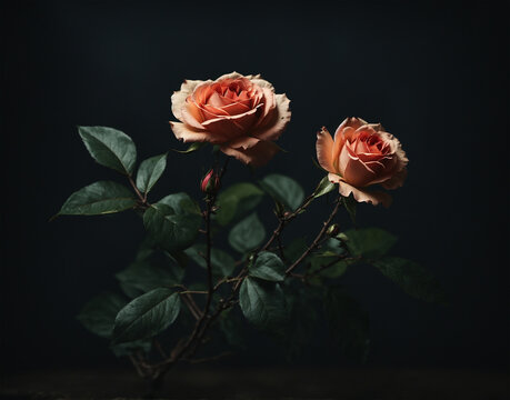 A rose, with little branch and leaf, on a dark background, vintage and cinematic vibe Generative AI