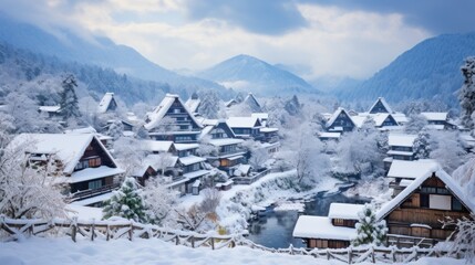 Fototapeta premium Shirakawa-go village on a snowy day, Shirakawa go's famous gassho-steep zukuri houses, hillside village viewpoint in snowy winter, wide-angle lens sunset at Honored by UNESCO