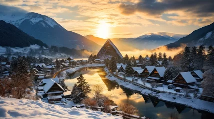 Papier Peint photo autocollant Blue nuit Shirakawa-go village on a snowy day, Shirakawa go's famous gassho-steep zukuri houses, hillside village viewpoint in snowy winter, wide-angle lens sunset at Honored by UNESCO