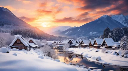 Papier Peint photo autocollant Vieil immeuble Shirakawa-go village on a snowy day, Shirakawa go's famous gassho-steep zukuri houses, hillside village viewpoint in snowy winter, wide-angle lens sunset at Honored by UNESCO