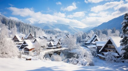Shirakawa-go village on a snowy day, Shirakawa go's famous gassho-steep zukuri houses, hillside village viewpoint in snowy winter, wide-angle lens sunset at Honored by UNESCO