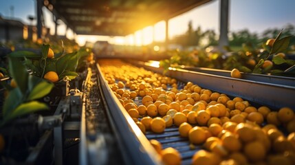 Work on the orange sorting line in an agricultural processing factory. holding a pile of ripe mandarin oranges - obrazy, fototapety, plakaty