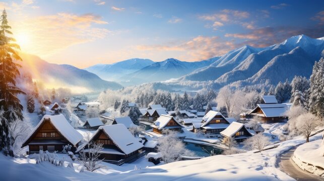 Shirakawa-go village on a snowy day, Shirakawa go's famous gassho-steep zukuri houses, hillside village viewpoint in snowy winter, wide-angle lens sunset at Honored by UNESCO