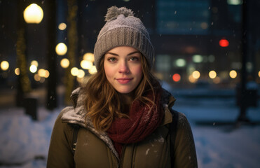 Young woman looking at camera while standing outdoors in winter