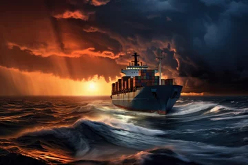 Zelfklevend Fotobehang sea container ship sails through a storm in the ocean, thunderclouds, low sunlight © nordroden