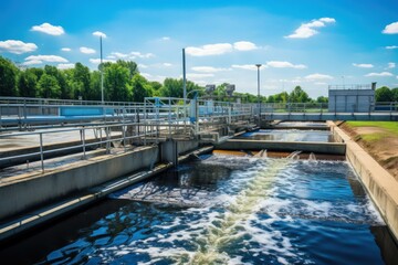 Water flowing out of pipes at a wastewater treatment plant - obrazy, fototapety, plakaty