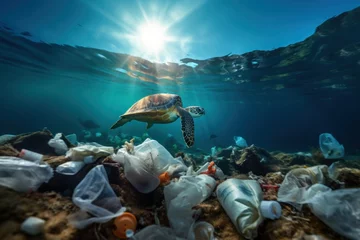 Foto op Canvas sea turtle swims dirty water, ocean polluted with household garbage, plastic bags and bottles, environmental disaster © nordroden