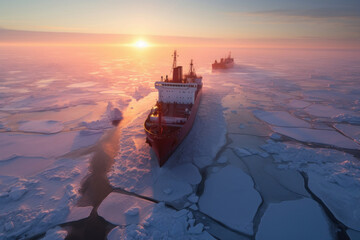 arctic ocean icebreaker leads a caravan of ships through frozen ice, polar morning dawn