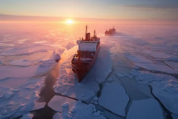 Poster arctic ocean icebreaker leads a caravan of ships through frozen ice, polar morning dawn © nordroden