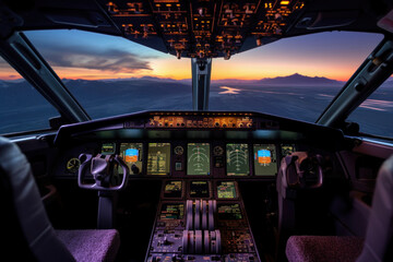 the cockpit of a modern aircraft is a view of the dashboard, the plane is in flight, clouds and dawn are outside the window - obrazy, fototapety, plakaty