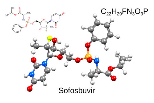 Chemical formula, skeletal formula and 3D ball-and-stick model of an antiviral drug sofosbuvir