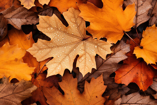 Image of Autumn leaves in gold and brown fallen to the forest floor.