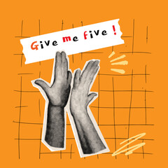 Elements with hands and cutout shape. Give me five. Halftone hands gesture in orange background. Retro template for banner, poster, card. Punk art vector illustration.
