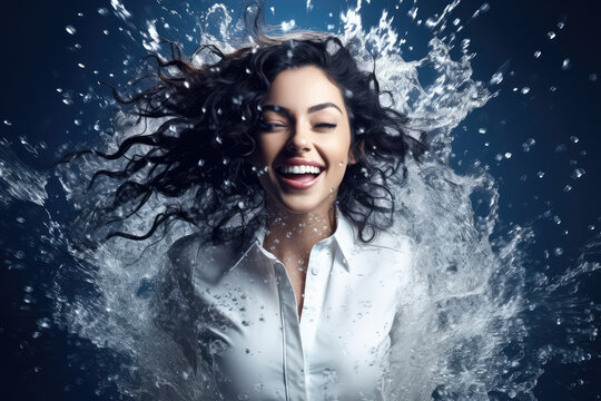 happy woman model with water splashes