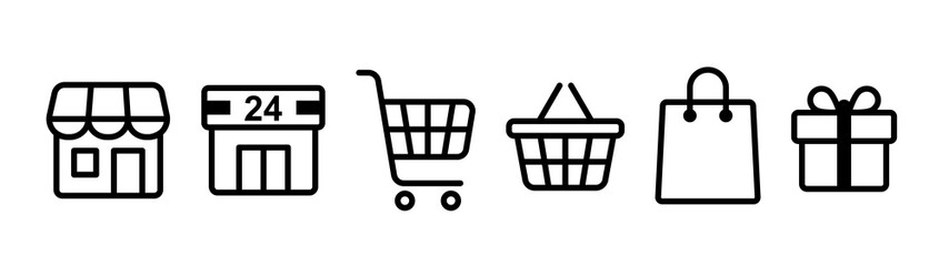 Shopping concept icon set. Black color outline icon on white background.