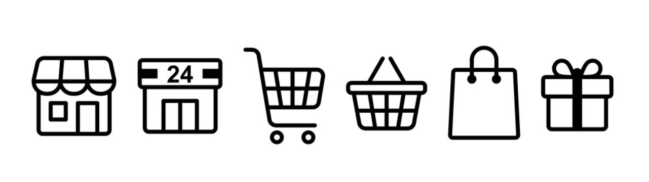 Shopping concept icon set. Black color outline icon on white background.