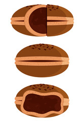 Delicious Set of Japanese Bean Jam Buns: Anpan, Bitten Anpan, and Half Cut Anpan