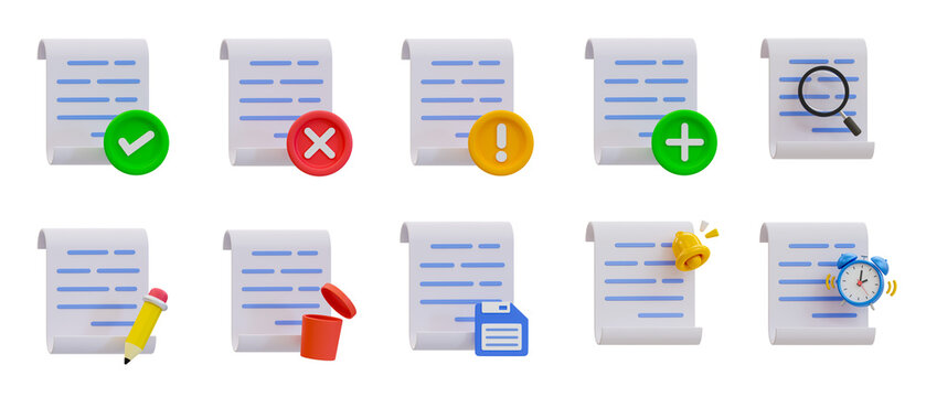 3d minimal paperwork. file assessment. set of document papers. 3d illustration.